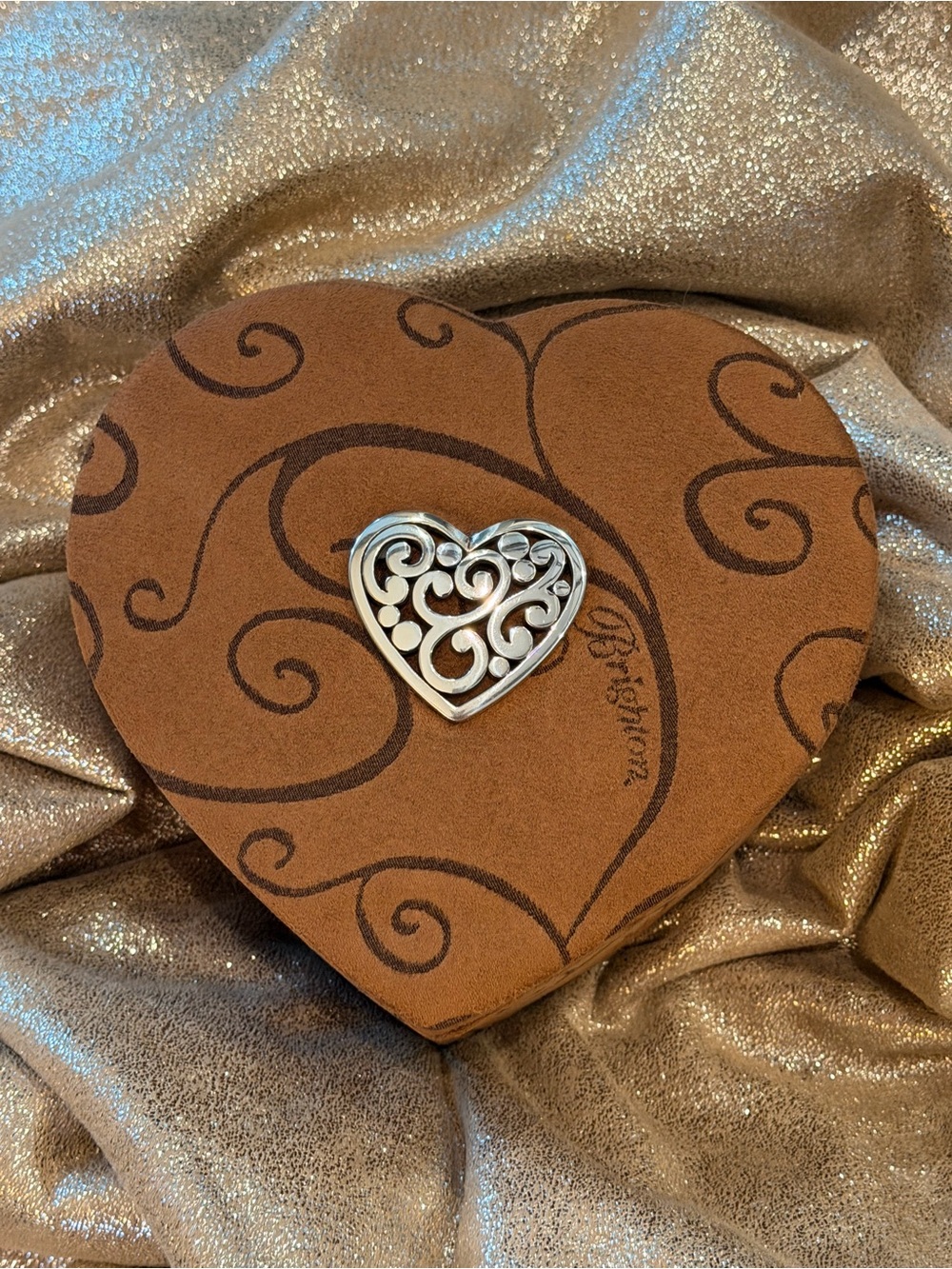 Brighton Heart-Shaped Suede Jewelry Box with signature silver heart. Brown tones